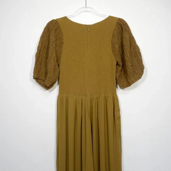 FREE PEOPLE Temperley Puff Sleeve JUMPSUIT Size S Ruched Wide Leg Olive NEW $228 - Picture 7 of 9
